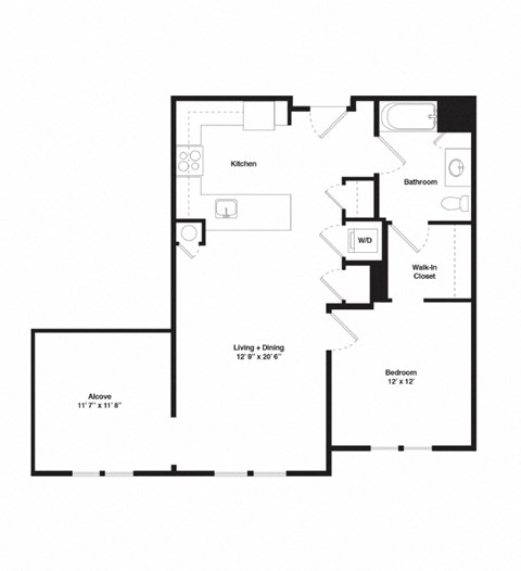 Floor plan for 1 bed, 1 bath, 899 sqft